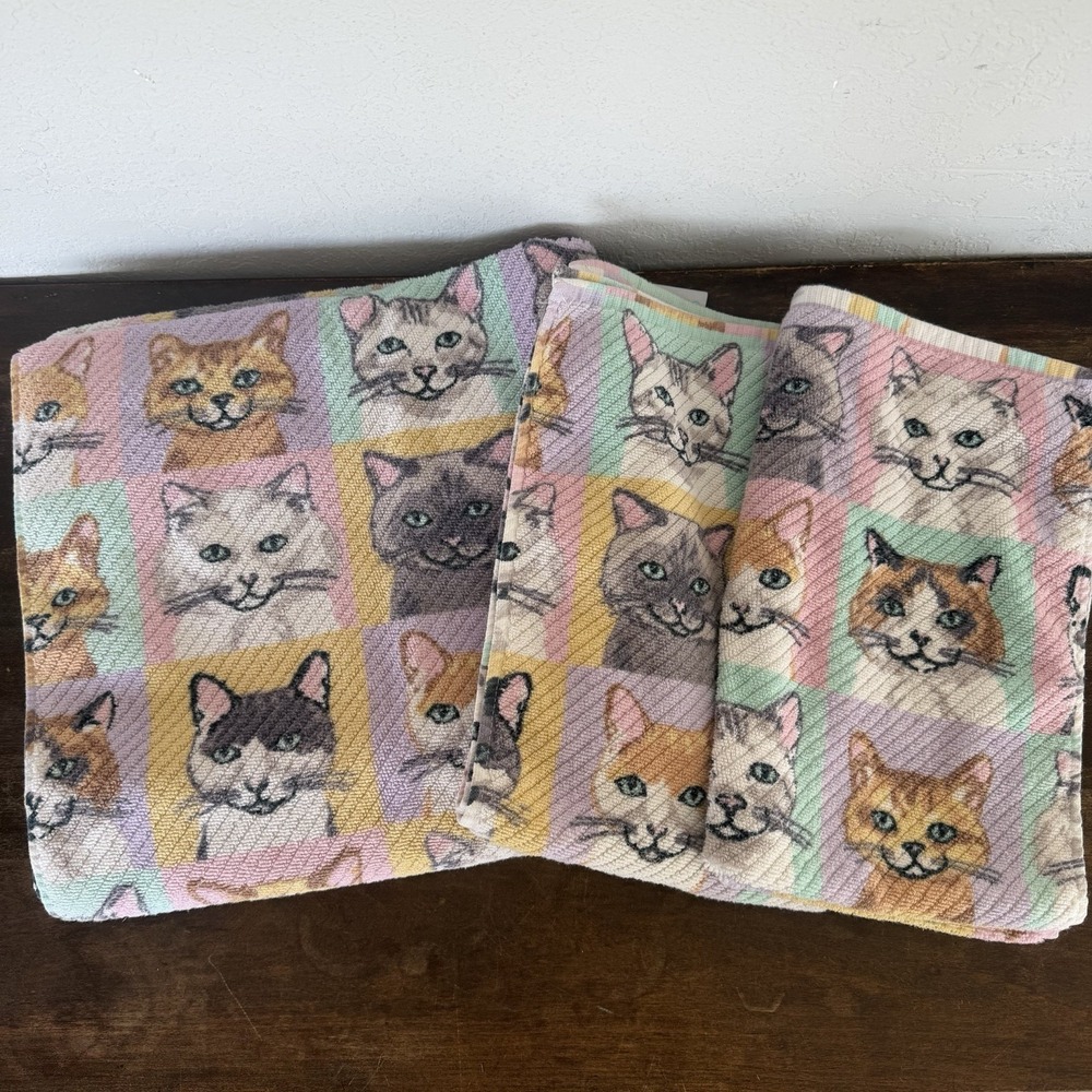 Deborah Connolly‎ Cat Face Bath Towels Set Pastel Checkered Cotton Cat Lady 3pc